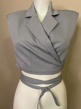 High Street Tailored gray Pinstripe Crop wrap blazer Top M
